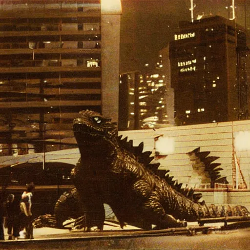 Prompt: godzilla resting in navy pier, chicago after destroying the city