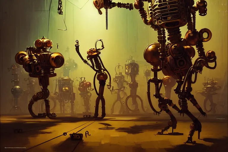 Image similar to steampunk robots dancing by otto dix and greg rutkowski and andreas rocha, cinematic lighting, highly detailed, warm colours, 4 k