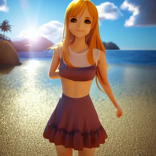 Image similar to Render of a very beautiful 3d anime girl, long hair, hazel eyes, cute freckles, full round face, short smile, cute sundress, golden hour, serene beach setting, medium shot, mid-shot, highly detailed, trending on Artstation, Unreal Engine 4k