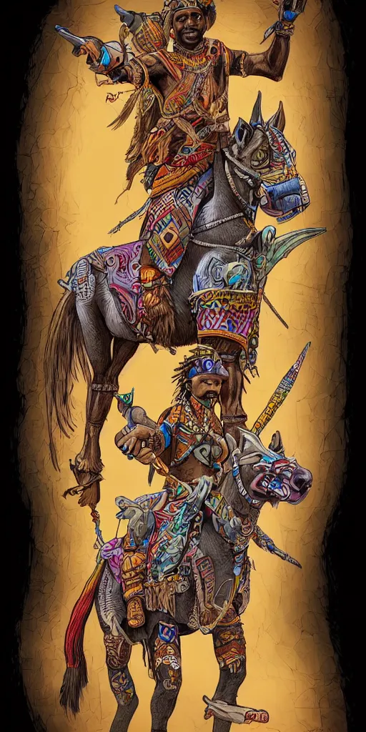 Prompt: full body portrait of african adventurer riding a fantasy quadruped with tribal decorations and tattoos by moebius, clean line, colorful comics style, artstation