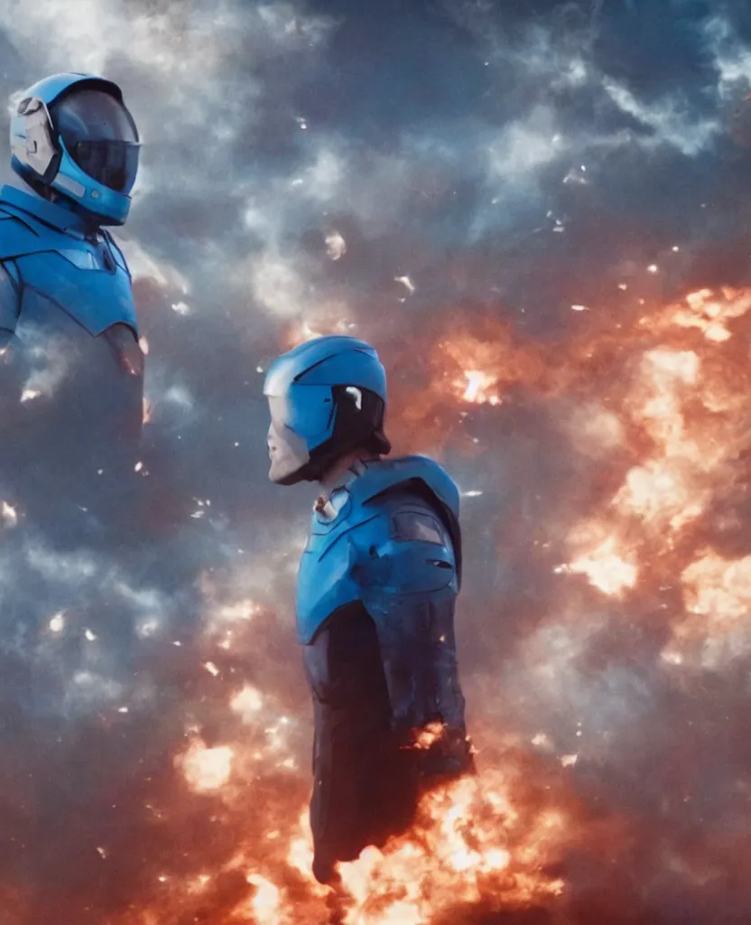 Image similar to a cinematic scene of a giant smirking elon musk in sky blue armor walking toward the camera from a explosion of blue twitter birds