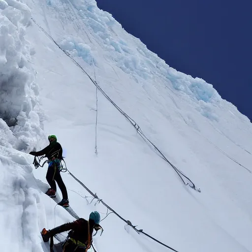 Prompt: two climbers trying to climb to the top of the world with an avalanche that sweeps them away , photo