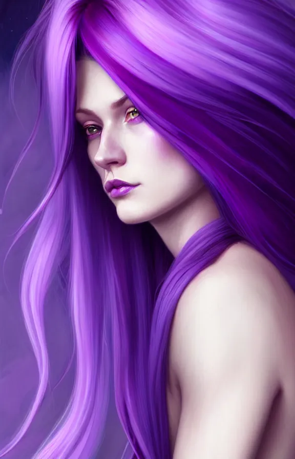 Image similar to Purple hair relistic Portrait of a woman with bright colored flying hair, all shades of purple. Hair coloring, long hair, blue eyes, fantasy, intricate, elegant, highly detailed, digital painting, artstation, concept art, smooth, sharp focus, illustration, art by artgerm and greg rutkowski and alphonse mucha