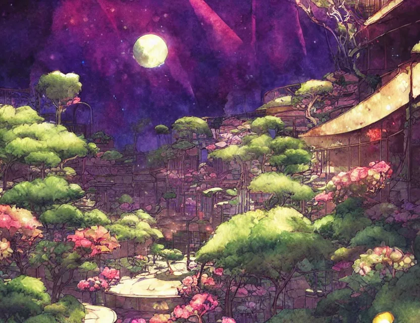 Prompt: persian garden in a space fortress. this watercolor painting by the award - winning mangaka has dramatic lighting, an interesting color scheme, a sense of depth.