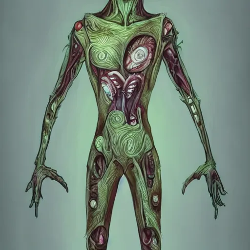 Image similar to a human animal hybrid, alien cyborg, body horror, morphing