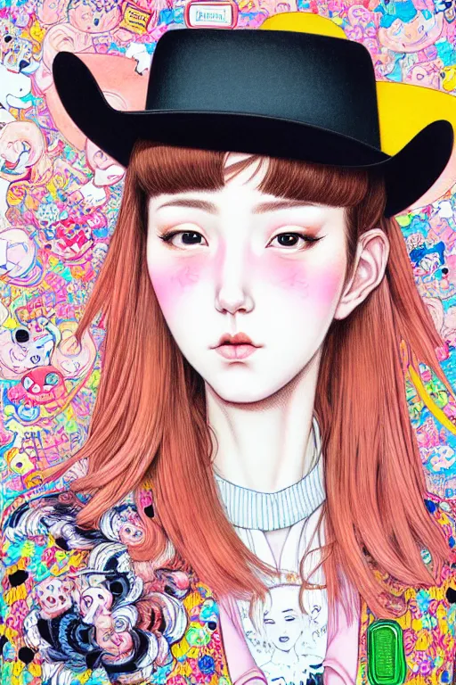 Image similar to girl wearing cowboy hat, style of yoshii chie and hikari shimoda and martine johanna, highly detailed