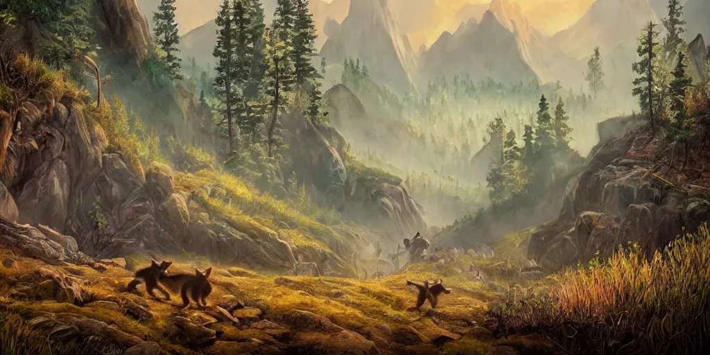 Image similar to A majestic landscape featuring mountains and a forest. A small group of racoons is running from a wild fire. Cinematic, very beautiful, painting in the style of Lord of the rings