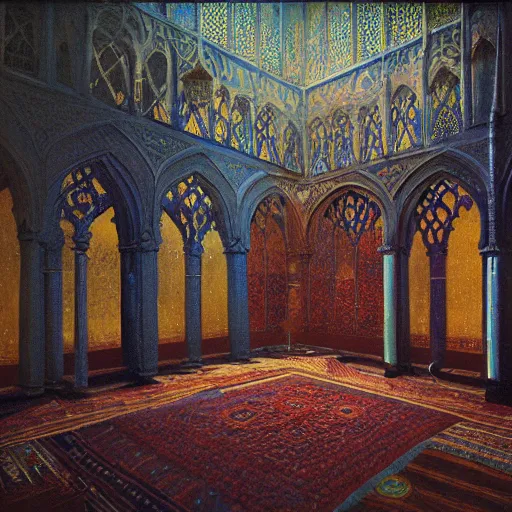 Prompt: detailed painting of middle eastern interior room with celestial ephemeral ornaments and gothic architecture, artstation, beksinski, cinematic