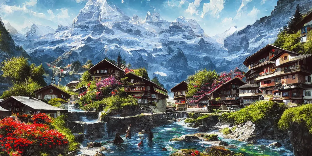 Image similar to switzerland wengen beautiful landscape, ultrafine highly detailed hyper colorful illustration, sharp focus, rozalski, craig mullins, unreal engine highly rendered, global illumination, radiant light, intricate and detailed environment