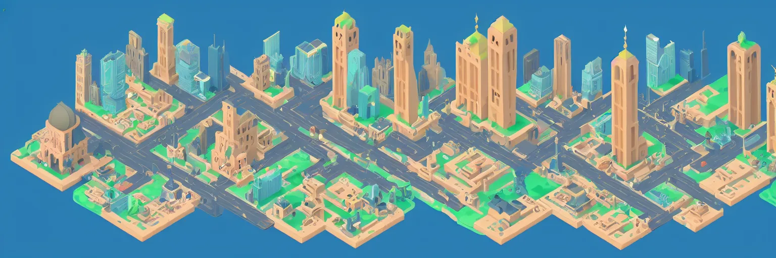 Prompt: City in isometric view, monument Valley 2 game style