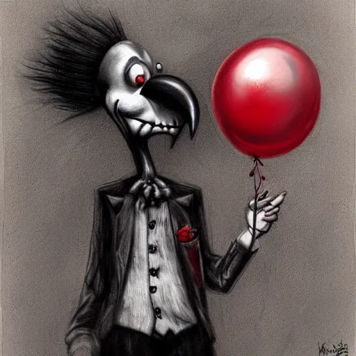 Image similar to surrealism grunge cartoon portrait sketch of a raven with a wide smile and a red balloon by - michael karcz, loony toons style, pennywise style, horror theme, detailed, elegant, intricate