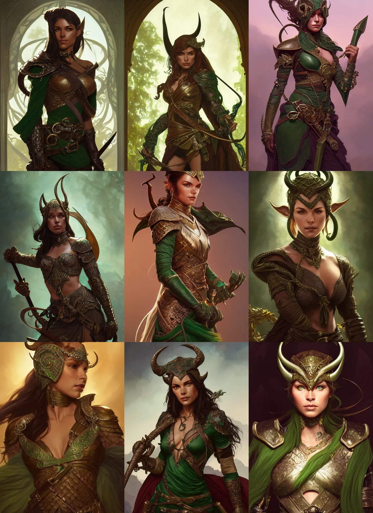 Prompt: a beautiful portrait of the tiefling ranger emerald herald, bronze skin, tone mapped, shiny, intricate, beautiful armor, cinematic lighting, highly detailed, digital painting, artstation, concept art, smooth, sharp focus, illustration, art by terry moore and greg rutkowski and alphonse mucha