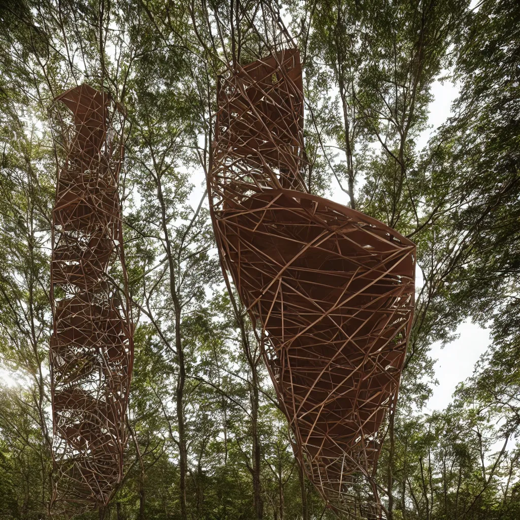 Image similar to Hyper realistic, double helix-shaped corten steel observation tower in forest, Future design, wide angle shot, architecture design, parametric architecture, covers by textile, environment, morning light, Cinematography, mega scans, cinematic, hyper realistic, photo real, cinematic composition, highly detailed, vray, 8k render