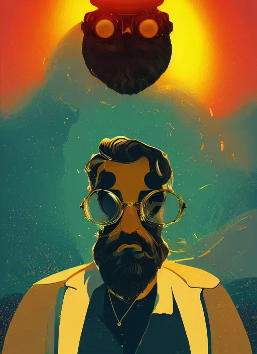 Prompt: a portrait of man with short beard and long hair wearing gold sun glasses, glowing eyes, cyborg, highly detailed, painted by Petros Afshar, Syd Mead and James Gilleard