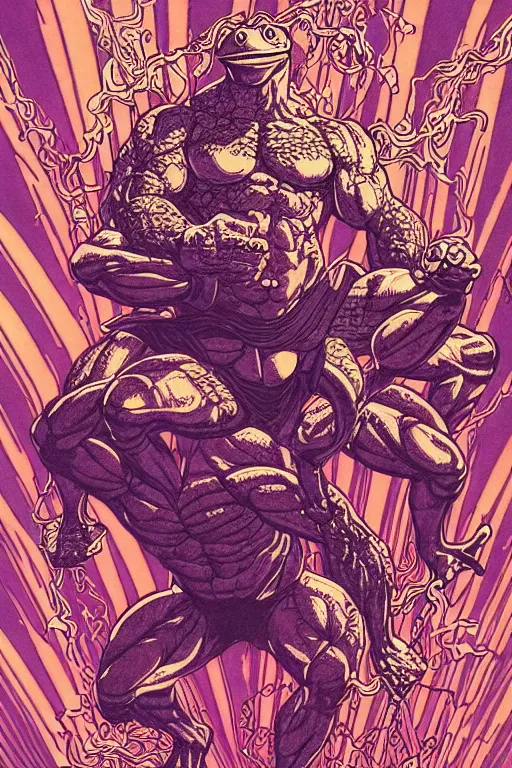 Image similar to illustration of a buff man riding a frog, lightning and static surges around him, intricate linework, in the style of moebius, ayami kojima, 1 9 9 0's anime, retro fantasy