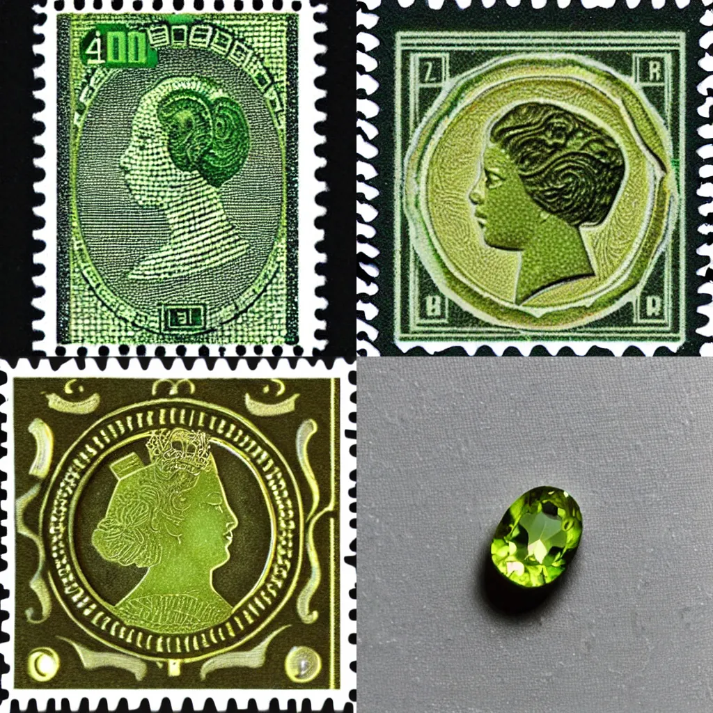 Prompt: cascade peridot gemstone on korean post stamp