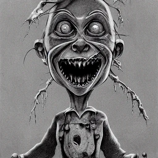 Prompt: grunge cartoon drawing of chucky by - Zdzisław Beksiński , loony toons style, horror themed, detailed, elegant, intricate