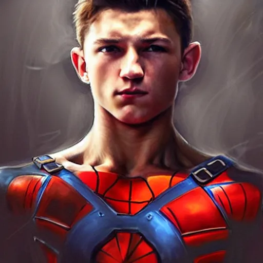 Image similar to muscular tom holland by ruan jia, portrait