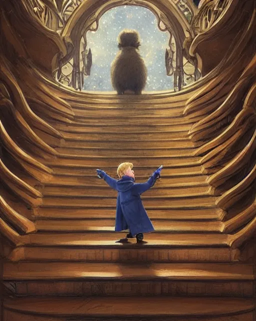 Image similar to the little prince on staircase at livraria lello, real life skin, intricate, highly detailed, artstation, concept art, smooth, sharp focus, art by artgerm and greg rutkowski