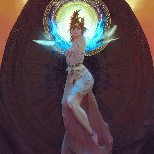 Prompt: a goddess dancing in the desert, glowing eyes, fantasy, intricate, realism, highly detailed, digital painting, artstation, concept art, smooth and sharp focus, illustration, art by tan zi and ayanamikodon and alphonse mucha and wlop
