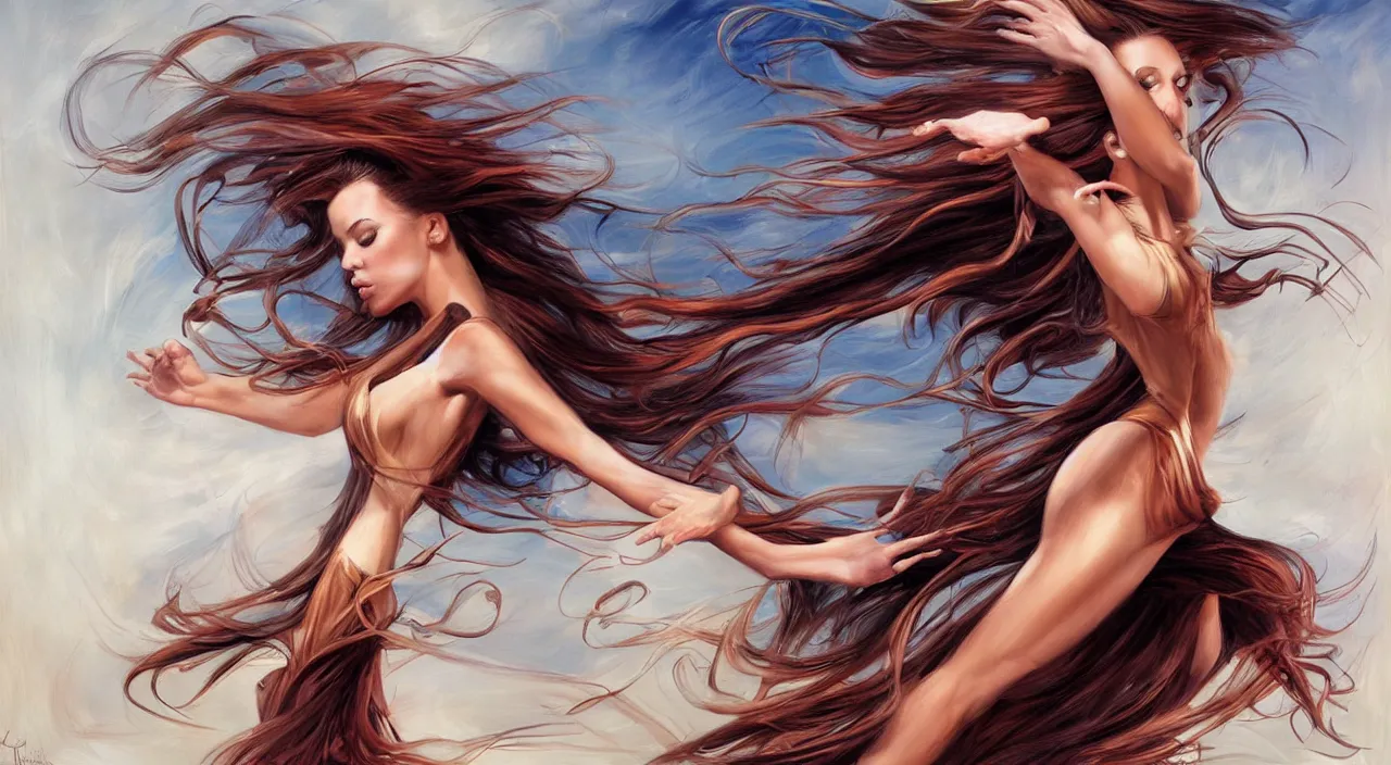 Image similar to a dancer with swirling hair is in the wind by julie bell, trending on artstation