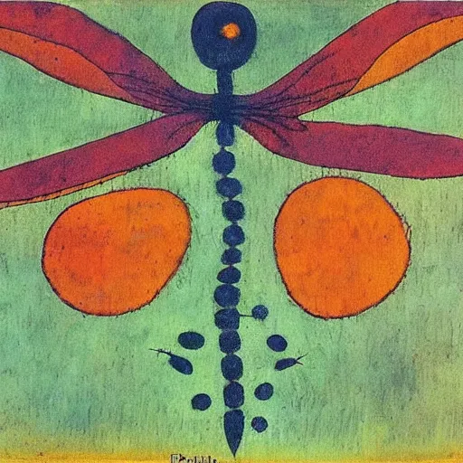 Image similar to a painting of a killer dragonfly by paul klee, intricate detail