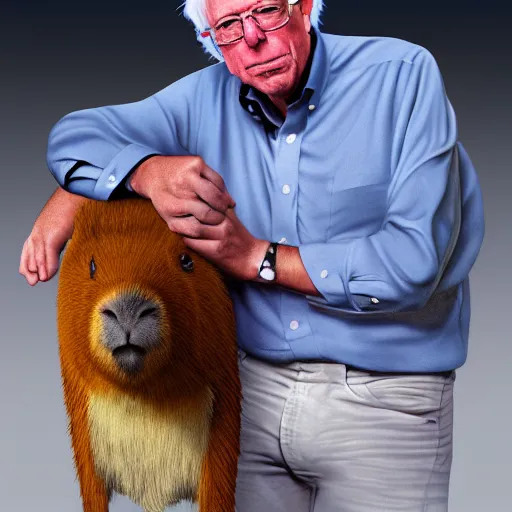 Image similar to Bernie Sanders with the body of a capybara, 4k resolution, 8k resolution, HD Quality, highly detailed, very detailed, detailed, studio quality lighting, digital art, trending on Artstation