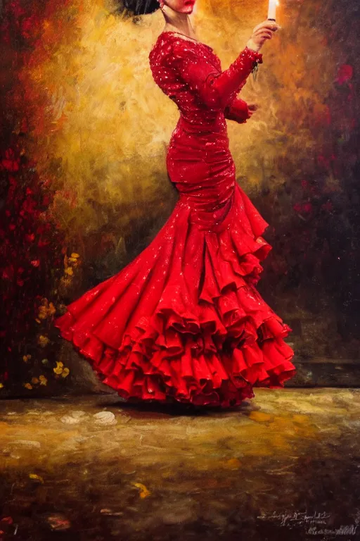 Image similar to vintage detailed oil painting of spanish flamenco dancer in mallorca wearing a red dress made of flowers, dress on fire, dimly lit by candles on the ground, looking away, dark shadows, photo realistic, extreme detail skin, no filter, slr, 4 k, high definition