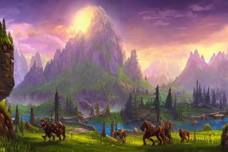 Image similar to world of warcraft environment with trees and a platform in the center, rocky mountains and a river, horses in the foreground, beautiful, concept