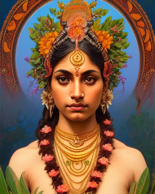 Prompt: portrait of a gaea goddess, upper body, decorated with hindu aesthetics, hindu, traditional art, intricate, elegant, highly detailed, digital painting, artstation, concept art, smooth, sharp focus, illustration, art by artgerm and greg rutkowski and alphonse mucha, 8 k