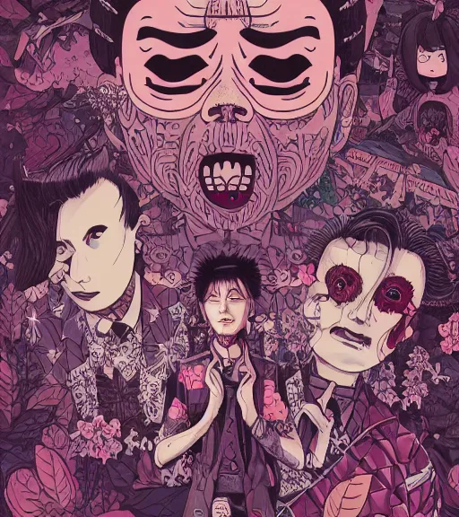 Image similar to portrait, nightmare anomalies, leaves with yakuza by miyazaki, violet and pink and white palette, illustration, kenneth blom, mental alchemy, james jean, pablo amaringo, naudline pierre, contemporary art, hyper detailed