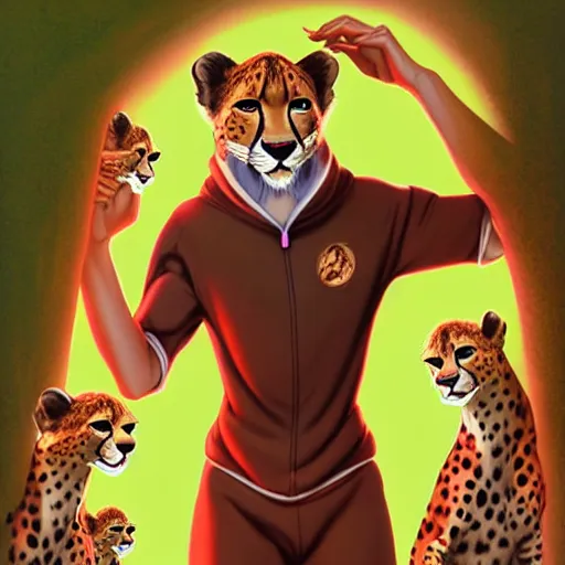 Image similar to don bluth, loish, artgerm, joshua middleton, anthropomorphic cheetah, wearing a track suit, smiling, symmetrical eyes, symmetrical face, colorful animation forest background