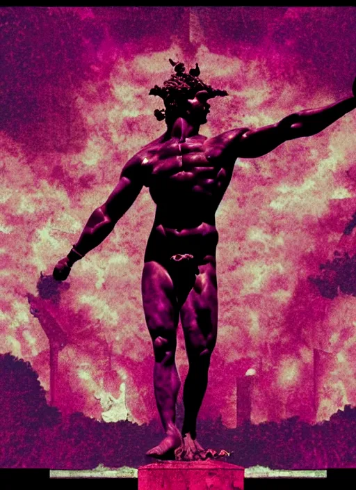 Prompt: black background with subtle red and purple design elements, statue of hercules, nekro, graphic design, collage art, thin lines, dark, glitch art, neo vaporwave, gritty, layout frame, trending on artstation