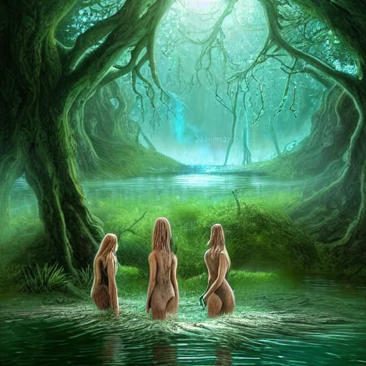 Image similar to beautiful digital fantasy illustration of A woody green field with a stream running through it, with a group of dryad women standing in the water. They seem to be preparing to submerge themselves in the cool, clear waters of the stream. a creepy creature standing in front of a mirror!, concept art by Alex Horley-Orlandelli!!, cgsociety contest winner!!!, gothic art,!!!!, cgsociety, official art, fantasy art, #vfxfriday, highly detailed, soft lighting, rendered in octane, masterpiece, very very very aesthetic