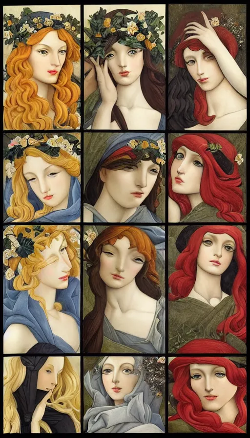 Image similar to the 12 months of the year as 12 figures, (3 are Winter, 3 are Spring, 3 are Summer and 3 are Autumn), in a mixed style of Botticelli and Æon Flux!!, inspired by pre-raphaelite paintings and shoujo manga, stunningly detailed, stunning inking lines, flat colors, 4K photorealistic