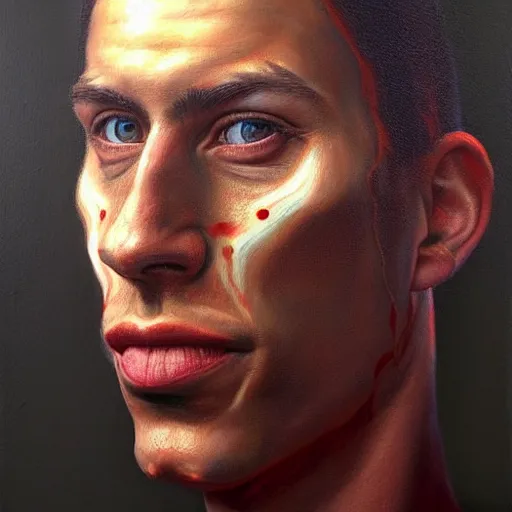 Image similar to a hyper realistic painting of a patient young man in a burning business suit, coherent symmetrical eyes, calm face, by jeffrey smith, by andrea kowch, by steve henderson, masterpiece, trending on artstation,