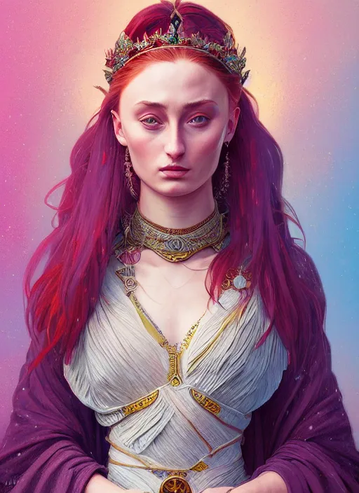 Prompt: sophie turner empress detailed clothing, half body shot, arms down, path traced, highly detailed, high quality, digital painting, alena aenami, lilia alvarado, shinji aramaki, karol bak, alphonse mucha, tom bagshaw