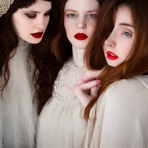 Prompt: pale skinned beautiful women wearing crystal crown light pale cheeks and dusty red and brown lips