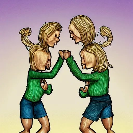 Prompt: conjoined twins fighting together in battle