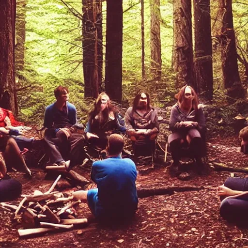 Prompt: A group of people sit around a campfire in the middle of a dark forest. They look tired and scared, Horror, Creepy, Spooky, Camcorder, VHS quality,