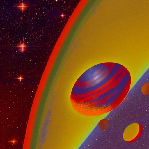 Prompt: a nasa spacecraft passing a planet, 1 9 7 0 s illustration, saturated colors