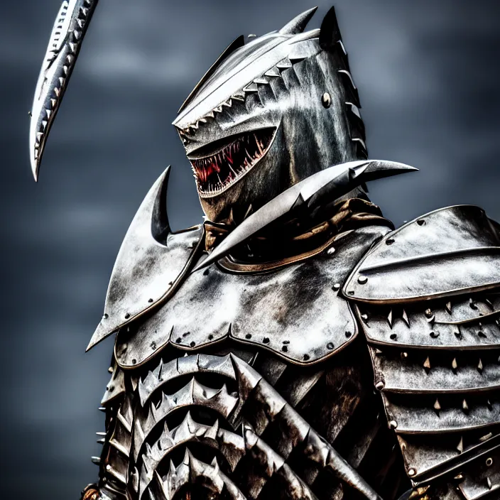 Prompt: photo of a warrior with metal shark themed armour, highly detailed, 4 k, hdr, smooth, sharp focus, high resolution, award - winning photo