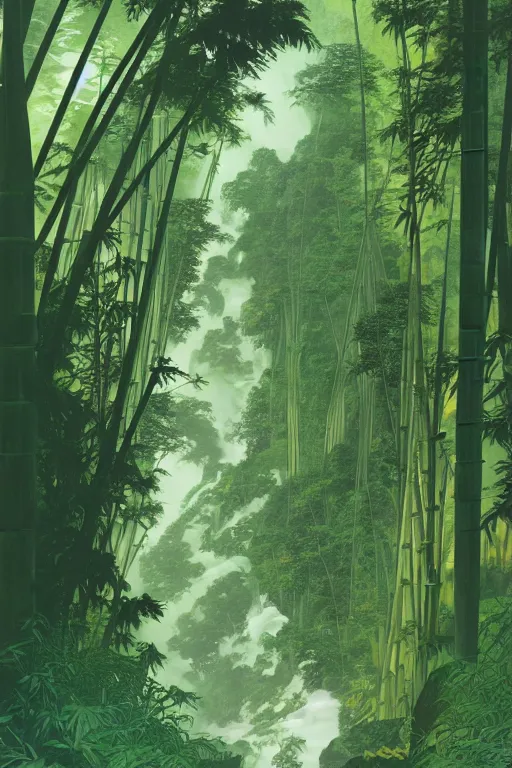 Prompt: a road into the mountains, lush bamboo forest in the rain,waterfalls, caustics, by feifei ruan, victo nagai, Alphonse Mucha, Eyvind Earle and kawase hasui, trending on artstation.