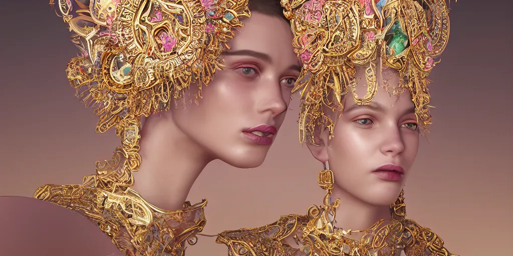 Image similar to studio portrait of a beautiful flawless symmetrical man wearing intricate otherworldly gold and white jewelry and wearing an ornate elegant pink headdress, very detailed, octane render, photorealism, minimalism, abstract art, retrofuturism, f / 2. 8, digital art, on artstation