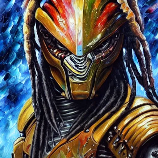 Image similar to painting of an alien with dreadlocks and high tech armor, The Predator, Yautja, by Leonid Afremov, hyperdetailed!