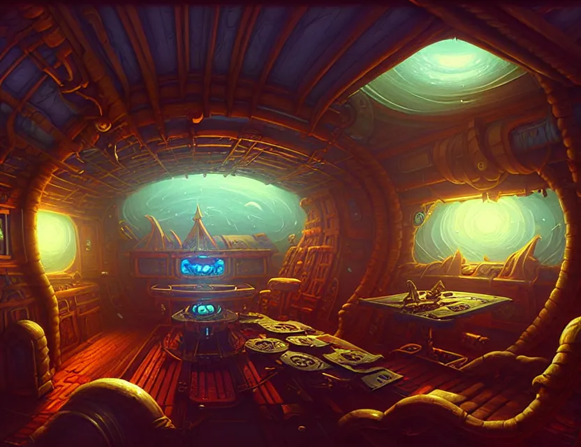 Prompt: interior view in the captain's cabin of a flying ship, d & d spelljammer fantasy art, artstation contest winner, beautiful digital painting in the style of dan mumford, art by kev chan, volumetric lighting, concept art, speedpainting, fantasypunk, deep colors, cgsociety, by gerald brom, by ruan jia, dehazed