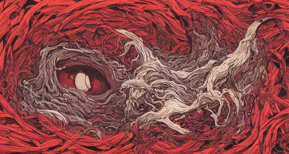 Prompt: a volcano made of ivory vines and crimson rocks enters in eruption, it spits a smoke in the shape of demonic eye, by james jean,