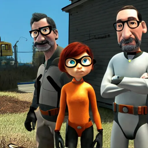 Image similar to pixar half - life 2 movie featuring gordon freeman and alyx vance