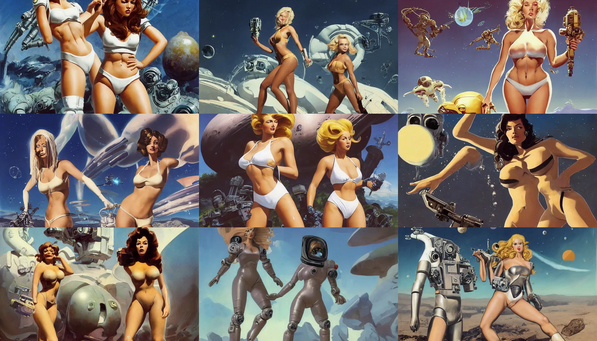 Image similar to A mixed media portrait painting of a beautiful blonde brunette woman exploring an alien planet, very curvy, aesthetic! high-waisted white-bikini-armor and boots, holding raygun, aesthetic symmetrical face and eyes, model, Scandinavian, wet, discarded mechsuit in background, by Frank Frazetta, Boris Vallejo, Beeple, Greg Rutkowski, Christian MacNevin, eighties-pinup style, epic fantasy character art, high fantasy, CGsociety, exquisite detail, post-processing, masterpiece, cinematic