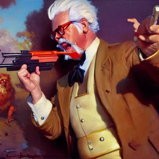 Prompt: colonel sanders killing donald mcdonald with gun, highly detailed painting by gaston bussiere, craig mullins, j. c. leyendecker, 8 k